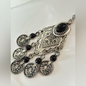 Berber Style Silver Tone Engraved Medallion Necklace With Black Glass Cabochons
